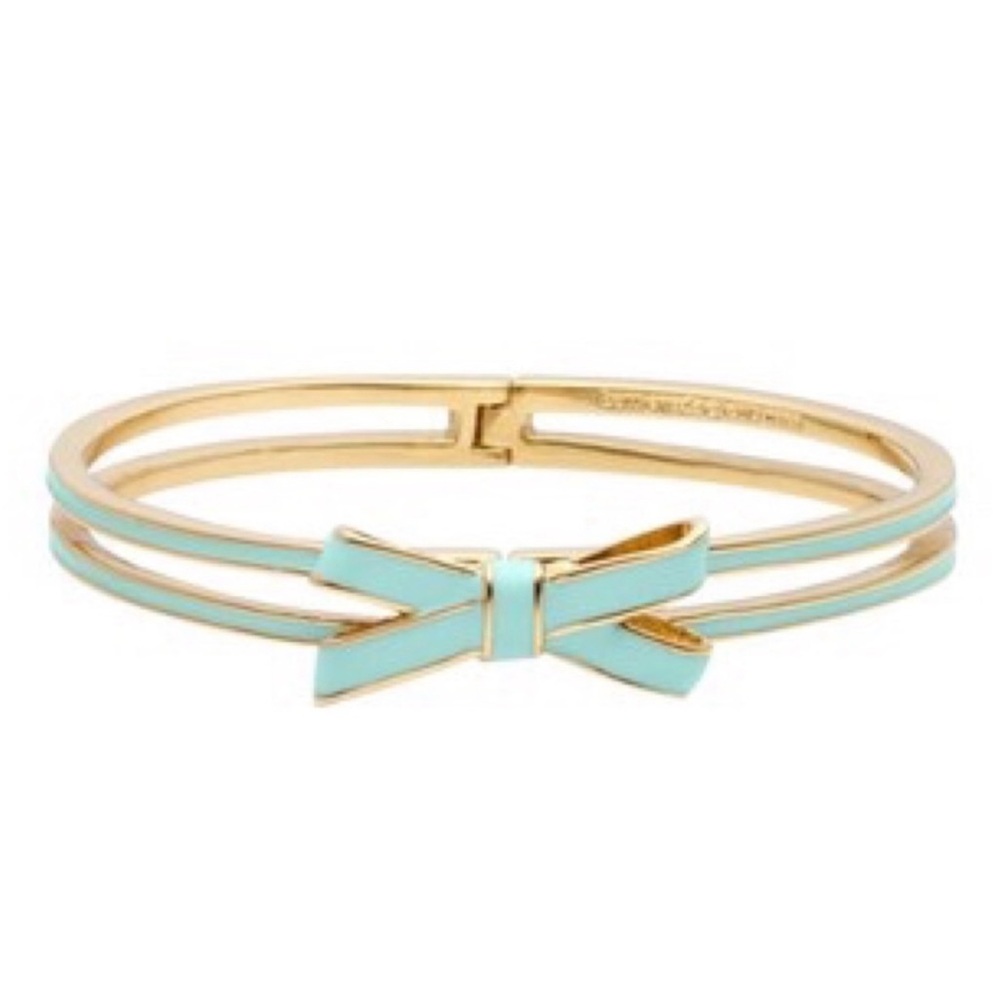NWT Kate Spade Double Bow Hinged Bangle in Teal and Gold